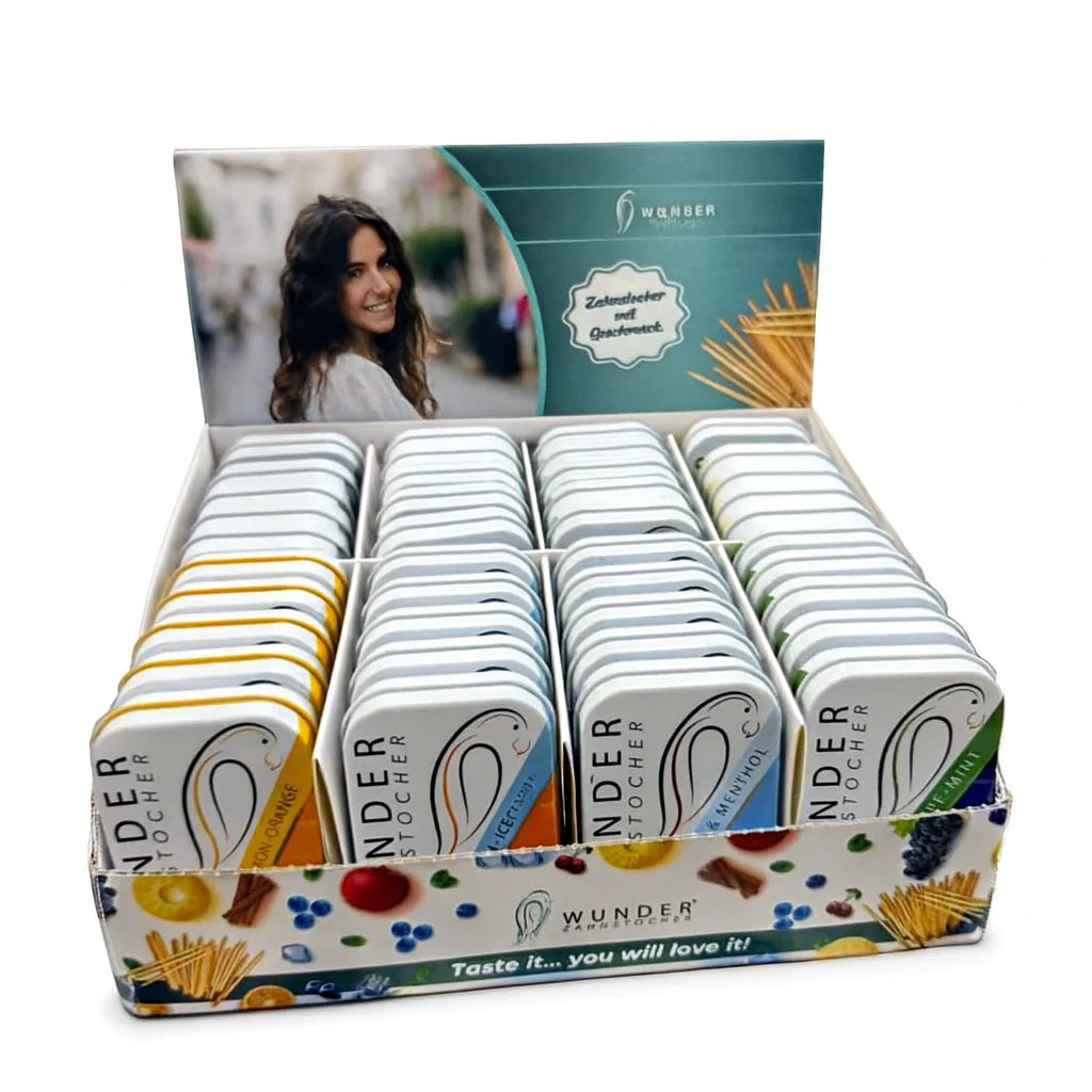 Wunder Zahnstocher Display in Metalldosen – 8 Sorten, 40 Dosen