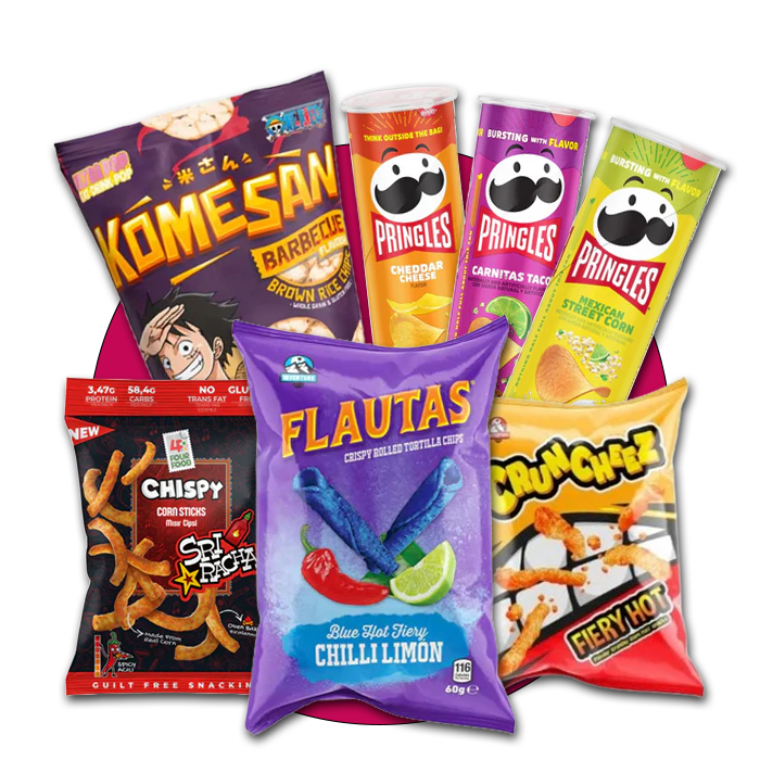 Knusprige Chips in modernen Geschmacksrichtungen, inspiriert von Snack-Trends aus den USA und Japan, mit asiatischen und internationalen Aromen.