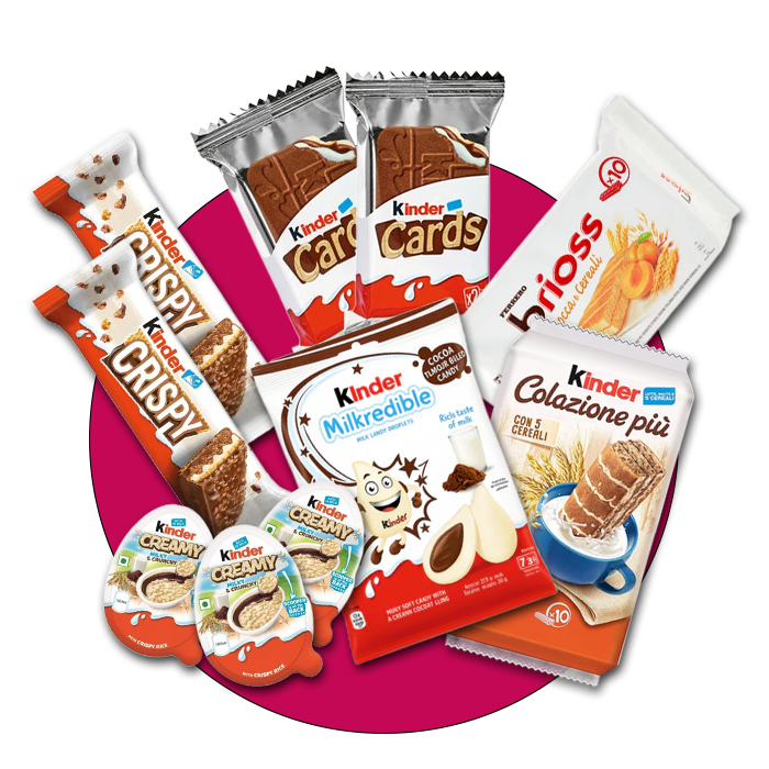 Ferrero Kinder Produkte mit cremiger Milchfüllung und knackiger Schokolade, darunter Kinder Schokolade, Riegel und Überraschungseier.