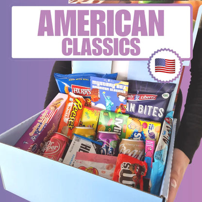Überraschungsbox mit amerikanischen Klassikern – süße und salzige Snacks sowie US-Drinks