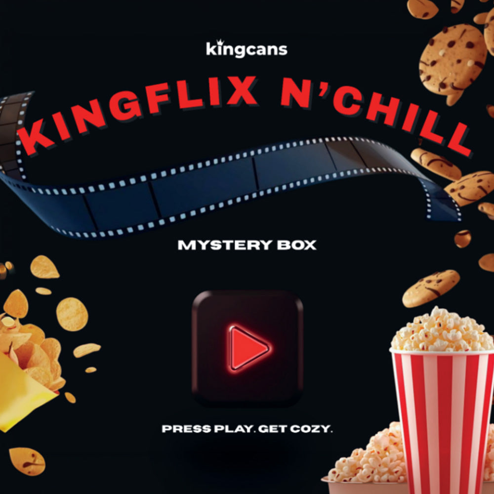 Kingflix N' Chill Mystery Box mit zufälliger Auswahl internationaler Snacks und Drinks für Film- und Serienabende